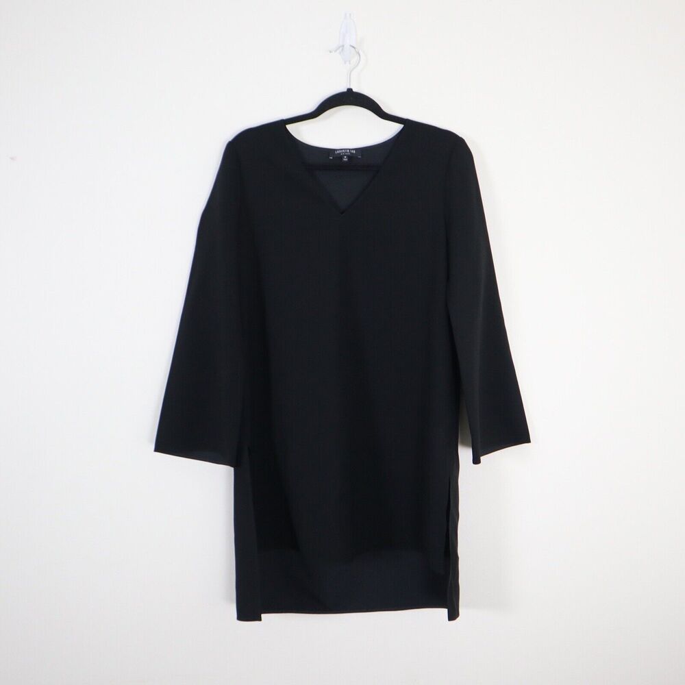 Lafayette 148 Size M V Neck Tunic Top High Low Hem Black Long Sleeve